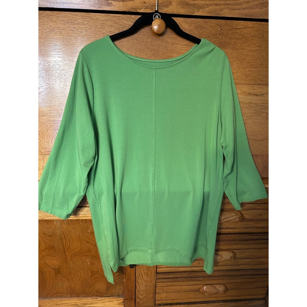 Denim & Co Preppy Green Casual 3/4 Sleeve Tunic Top High Low Hem Scoop Neck